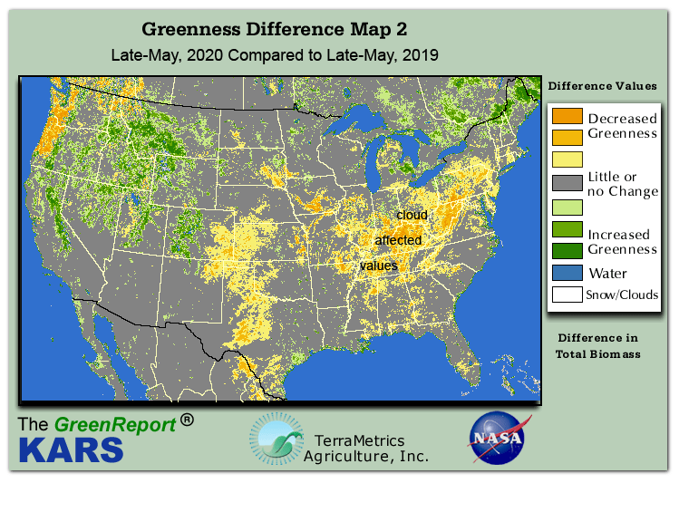 Color-coded U.S. vegetation greeness index map for Period 21 of 2020, illustrating spatial variations in plant vigor, with greener tones indicating higher biomass and browner tones indicating stressed vegetation,
              comparing current crop/vegetation change in biomass to same period from the previous year.