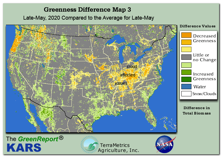 Color-coded U.S. vegetation greeness index map for Period 21 of 2020, illustrating spatial variations in plant vigor, with greener tones indicating higher biomass and browner tones indicating stressed vegetation,
              comparing current crop/vegetation change in biomass to the 20-year greenness average.