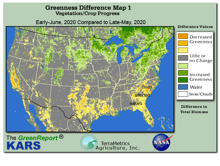Color-coded U.S. vegetation greeness index map for Period 22 of 2020, illustrating spatial variations in plant vigor, with greener tones indicating higher biomass and browner tones indicating stressed vegetation,
              comparing current crop/vegetation change in biomass to the previous week within the same year.