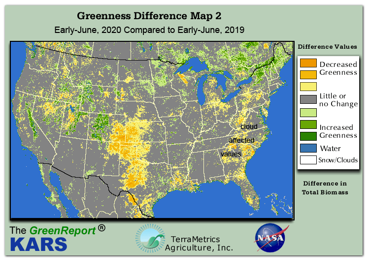 Color-coded U.S. vegetation greeness index map for Period 22 of 2020, illustrating spatial variations in plant vigor, with greener tones indicating higher biomass and browner tones indicating stressed vegetation,
              comparing current crop/vegetation change in biomass to same period from the previous year.