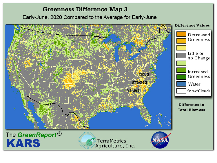 Color-coded U.S. vegetation greeness index map for Period 22 of 2020, illustrating spatial variations in plant vigor, with greener tones indicating higher biomass and browner tones indicating stressed vegetation,
              comparing current crop/vegetation change in biomass to the 20-year greenness average.