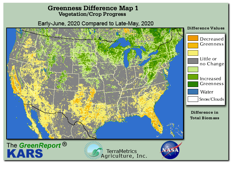 Color-coded U.S. vegetation greeness index map for Period 23 of 2020, illustrating spatial variations in plant vigor, with greener tones indicating higher biomass and browner tones indicating stressed vegetation,
              comparing current crop/vegetation change in biomass to the previous week within the same year.