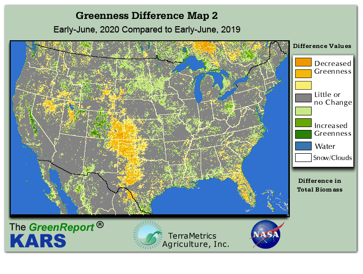 Color-coded U.S. vegetation greeness index map for Period 23 of 2020, illustrating spatial variations in plant vigor, with greener tones indicating higher biomass and browner tones indicating stressed vegetation,
              comparing current crop/vegetation change in biomass to same period from the previous year.