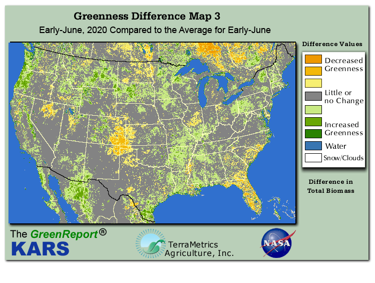 Color-coded U.S. vegetation greeness index map for Period 23 of 2020, illustrating spatial variations in plant vigor, with greener tones indicating higher biomass and browner tones indicating stressed vegetation,
              comparing current crop/vegetation change in biomass to the 20-year greenness average.
