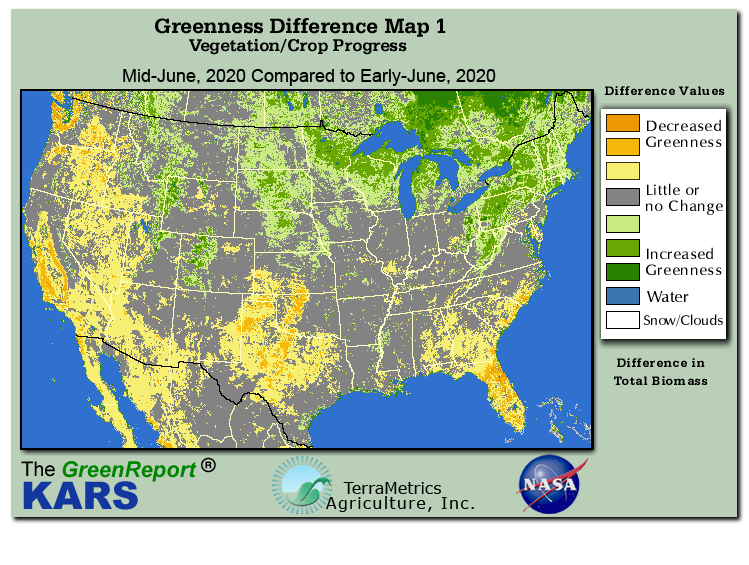 Color-coded U.S. vegetation greeness index map for Period 24 of 2020, illustrating spatial variations in plant vigor, with greener tones indicating higher biomass and browner tones indicating stressed vegetation,
              comparing current crop/vegetation change in biomass to the previous week within the same year.