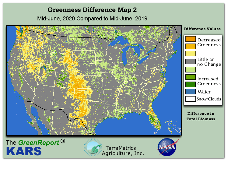 Color-coded U.S. vegetation greeness index map for Period 24 of 2020, illustrating spatial variations in plant vigor, with greener tones indicating higher biomass and browner tones indicating stressed vegetation,
              comparing current crop/vegetation change in biomass to same period from the previous year.