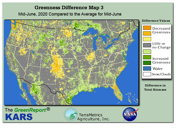 Color-coded U.S. vegetation greeness index map for Period 24 of 2020, illustrating spatial variations in plant vigor, with greener tones indicating higher biomass and browner tones indicating stressed vegetation,
              comparing current crop/vegetation change in biomass to the 20-year greenness average.