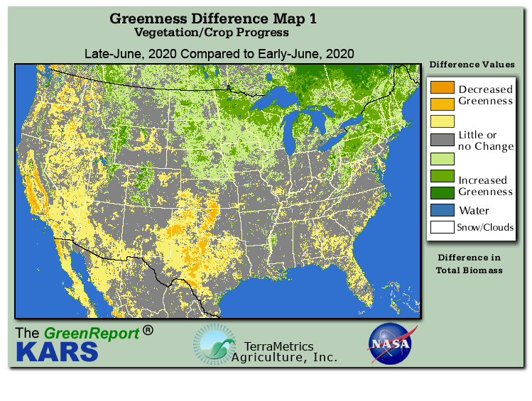 Color-coded U.S. vegetation greeness index map for Period 25 of 2020, illustrating spatial variations in plant vigor, with greener tones indicating higher biomass and browner tones indicating stressed vegetation,
              comparing current crop/vegetation change in biomass to the previous week within the same year.