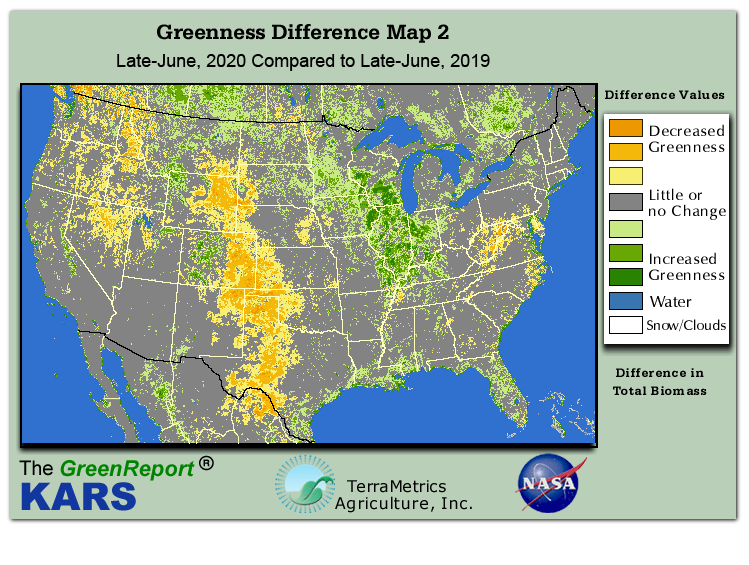 Color-coded U.S. vegetation greeness index map for Period 25 of 2020, illustrating spatial variations in plant vigor, with greener tones indicating higher biomass and browner tones indicating stressed vegetation,
              comparing current crop/vegetation change in biomass to same period from the previous year.