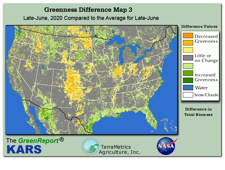 Color-coded U.S. vegetation greeness index map for Period 25 of 2020, illustrating spatial variations in plant vigor, with greener tones indicating higher biomass and browner tones indicating stressed vegetation,
              comparing current crop/vegetation change in biomass to the 20-year greenness average.