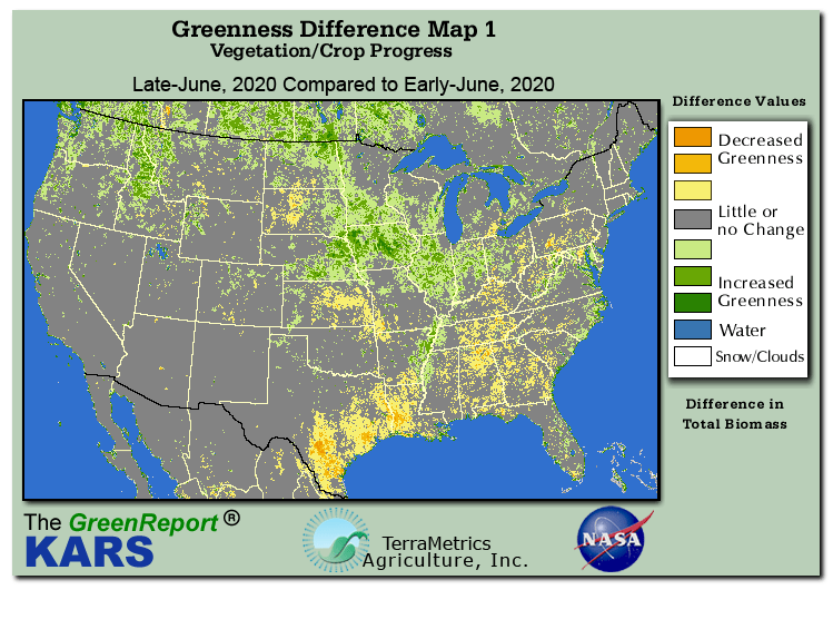 Color-coded U.S. vegetation greeness index map for Period 26 of 2020, illustrating spatial variations in plant vigor, with greener tones indicating higher biomass and browner tones indicating stressed vegetation,
              comparing current crop/vegetation change in biomass to the previous week within the same year.