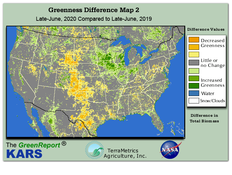 Color-coded U.S. vegetation greeness index map for Period 26 of 2020, illustrating spatial variations in plant vigor, with greener tones indicating higher biomass and browner tones indicating stressed vegetation,
              comparing current crop/vegetation change in biomass to same period from the previous year.