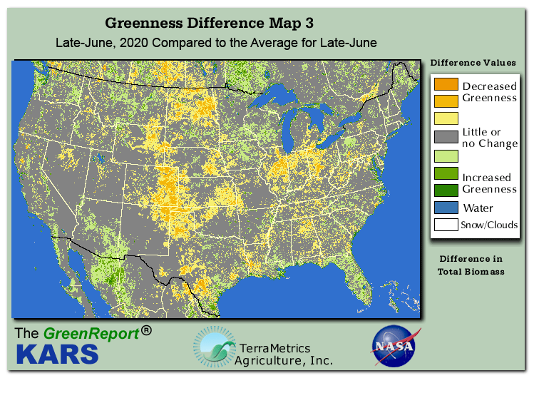 Color-coded U.S. vegetation greeness index map for Period 26 of 2020, illustrating spatial variations in plant vigor, with greener tones indicating higher biomass and browner tones indicating stressed vegetation,
              comparing current crop/vegetation change in biomass to the 20-year greenness average.