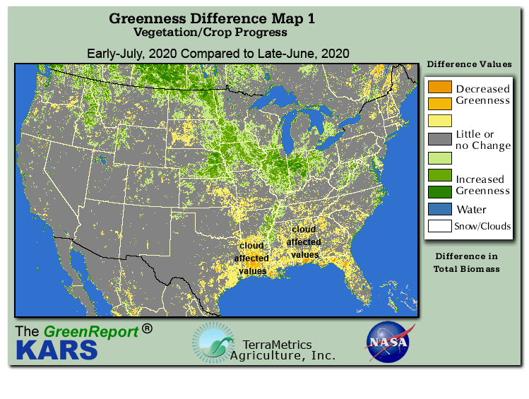 Color-coded U.S. vegetation greeness index map for Period 27 of 2020, illustrating spatial variations in plant vigor, with greener tones indicating higher biomass and browner tones indicating stressed vegetation,
              comparing current crop/vegetation change in biomass to the previous week within the same year.