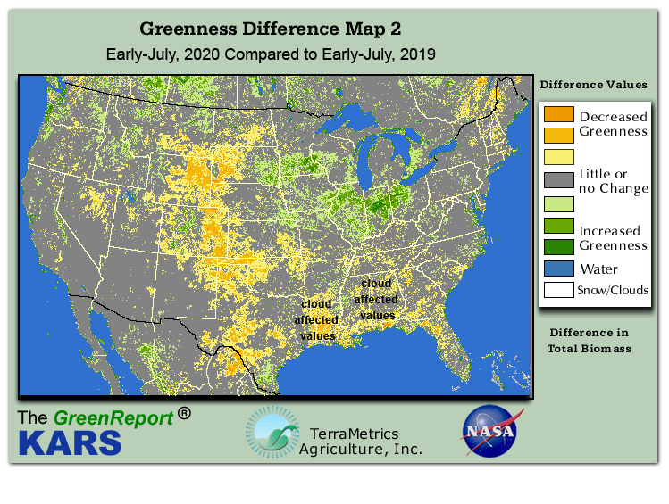 Color-coded U.S. vegetation greeness index map for Period 27 of 2020, illustrating spatial variations in plant vigor, with greener tones indicating higher biomass and browner tones indicating stressed vegetation,
              comparing current crop/vegetation change in biomass to same period from the previous year.