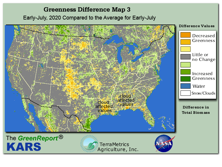 Color-coded U.S. vegetation greeness index map for Period 27 of 2020, illustrating spatial variations in plant vigor, with greener tones indicating higher biomass and browner tones indicating stressed vegetation,
              comparing current crop/vegetation change in biomass to the 20-year greenness average.