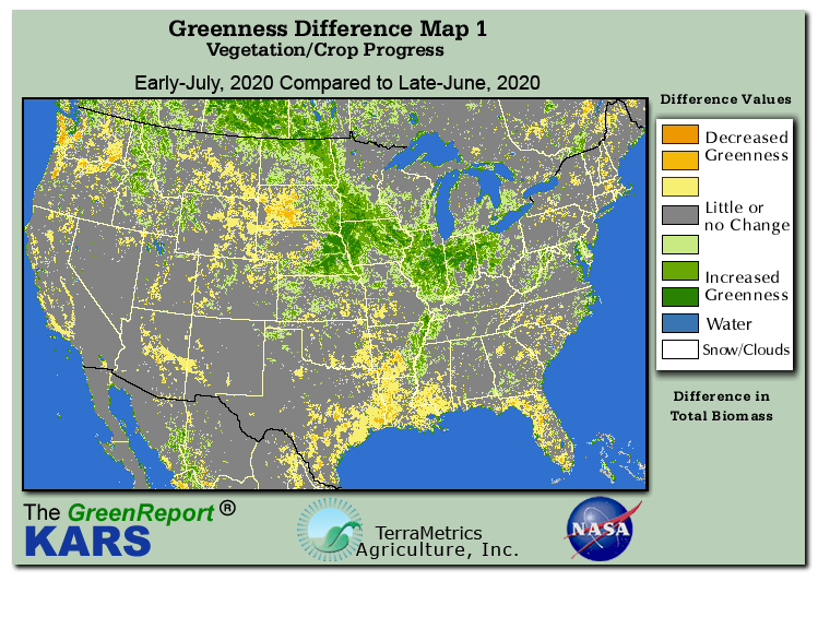 Color-coded U.S. vegetation greeness index map for Period 28 of 2020, illustrating spatial variations in plant vigor, with greener tones indicating higher biomass and browner tones indicating stressed vegetation,
              comparing current crop/vegetation change in biomass to the previous week within the same year.