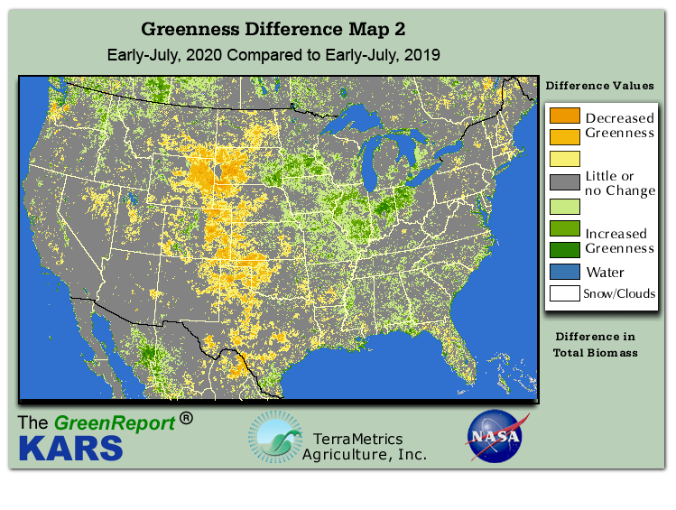 Color-coded U.S. vegetation greeness index map for Period 28 of 2020, illustrating spatial variations in plant vigor, with greener tones indicating higher biomass and browner tones indicating stressed vegetation,
              comparing current crop/vegetation change in biomass to same period from the previous year.