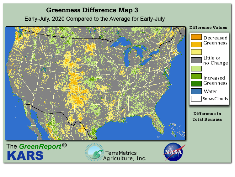 Color-coded U.S. vegetation greeness index map for Period 28 of 2020, illustrating spatial variations in plant vigor, with greener tones indicating higher biomass and browner tones indicating stressed vegetation,
              comparing current crop/vegetation change in biomass to the 20-year greenness average.