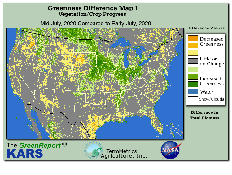 Color-coded U.S. vegetation greeness index map for Period 29 of 2020, illustrating spatial variations in plant vigor, with greener tones indicating higher biomass and browner tones indicating stressed vegetation,
              comparing current crop/vegetation change in biomass to the previous week within the same year.