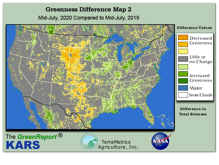 Color-coded U.S. vegetation greeness index map for Period 29 of 2020, illustrating spatial variations in plant vigor, with greener tones indicating higher biomass and browner tones indicating stressed vegetation,
              comparing current crop/vegetation change in biomass to same period from the previous year.