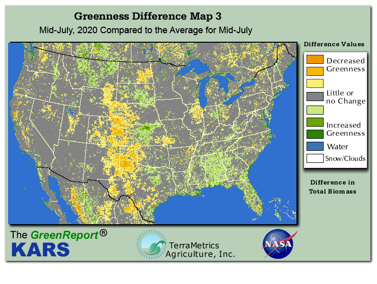 Color-coded U.S. vegetation greeness index map for Period 29 of 2020, illustrating spatial variations in plant vigor, with greener tones indicating higher biomass and browner tones indicating stressed vegetation,
              comparing current crop/vegetation change in biomass to the 20-year greenness average.