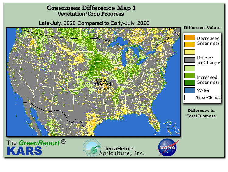 Color-coded U.S. vegetation greeness index map for Period 30 of 2020, illustrating spatial variations in plant vigor, with greener tones indicating higher biomass and browner tones indicating stressed vegetation,
              comparing current crop/vegetation change in biomass to the previous week within the same year.