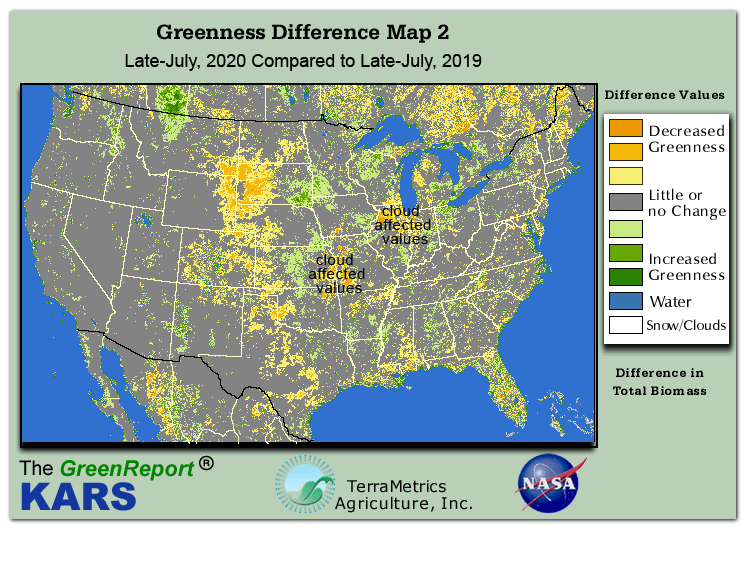 Color-coded U.S. vegetation greeness index map for Period 30 of 2020, illustrating spatial variations in plant vigor, with greener tones indicating higher biomass and browner tones indicating stressed vegetation,
              comparing current crop/vegetation change in biomass to same period from the previous year.