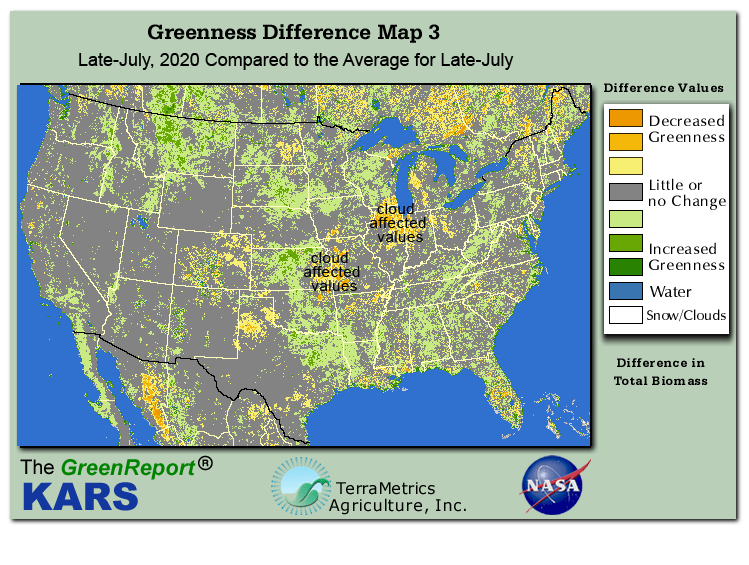 Color-coded U.S. vegetation greeness index map for Period 30 of 2020, illustrating spatial variations in plant vigor, with greener tones indicating higher biomass and browner tones indicating stressed vegetation,
              comparing current crop/vegetation change in biomass to the 20-year greenness average.
