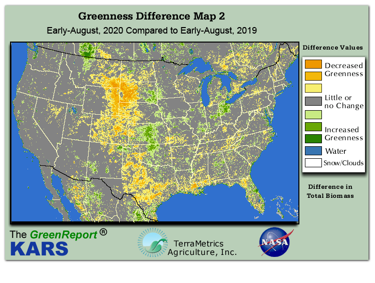 Color-coded U.S. vegetation greeness index map for Period 31 of 2020, illustrating spatial variations in plant vigor, with greener tones indicating higher biomass and browner tones indicating stressed vegetation,
              comparing current crop/vegetation change in biomass to same period from the previous year.