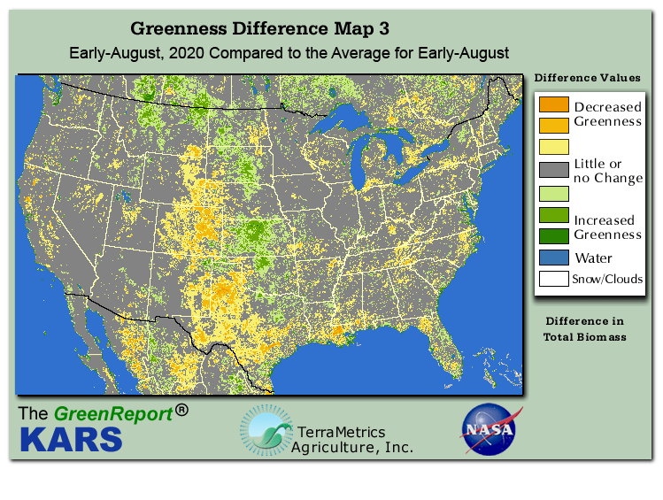 Color-coded U.S. vegetation greeness index map for Period 31 of 2020, illustrating spatial variations in plant vigor, with greener tones indicating higher biomass and browner tones indicating stressed vegetation,
              comparing current crop/vegetation change in biomass to the 20-year greenness average.
