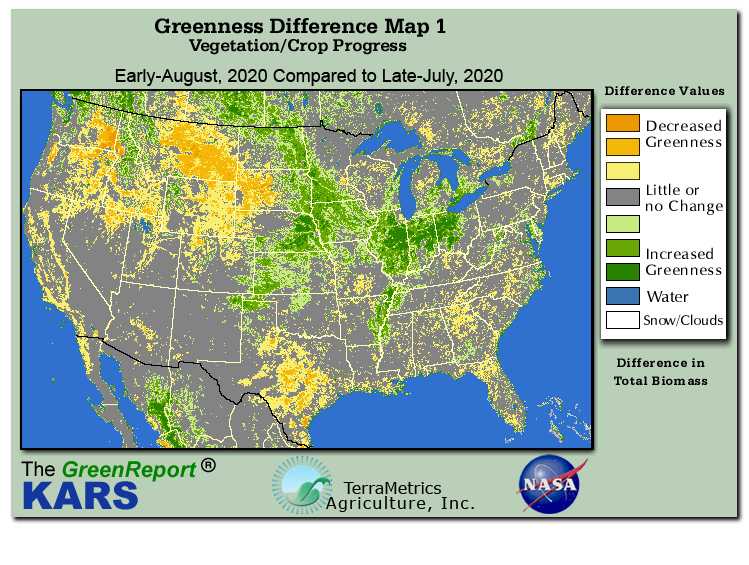 Color-coded U.S. vegetation greeness index map for Period 32 of 2020, illustrating spatial variations in plant vigor, with greener tones indicating higher biomass and browner tones indicating stressed vegetation,
              comparing current crop/vegetation change in biomass to the previous week within the same year.