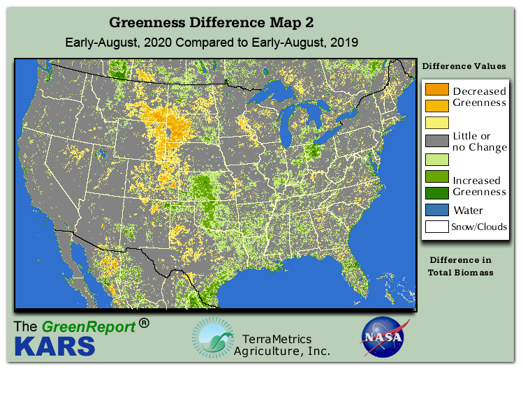 Color-coded U.S. vegetation greeness index map for Period 32 of 2020, illustrating spatial variations in plant vigor, with greener tones indicating higher biomass and browner tones indicating stressed vegetation,
              comparing current crop/vegetation change in biomass to same period from the previous year.