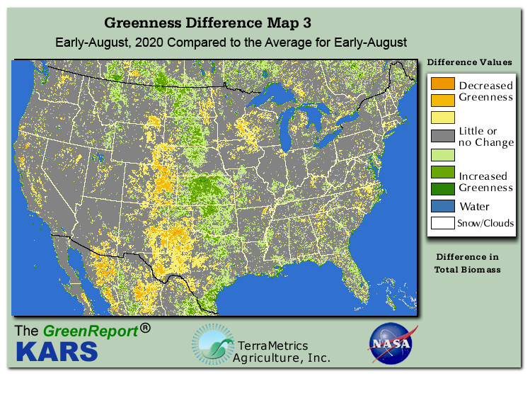Color-coded U.S. vegetation greeness index map for Period 32 of 2020, illustrating spatial variations in plant vigor, with greener tones indicating higher biomass and browner tones indicating stressed vegetation,
              comparing current crop/vegetation change in biomass to the 20-year greenness average.