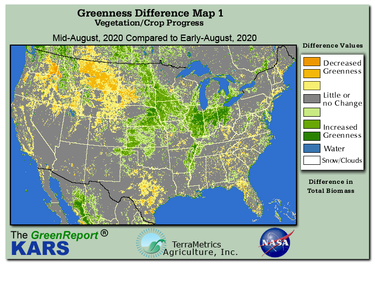 Color-coded U.S. vegetation greeness index map for Period 33 of 2020, illustrating spatial variations in plant vigor, with greener tones indicating higher biomass and browner tones indicating stressed vegetation,
              comparing current crop/vegetation change in biomass to the previous week within the same year.