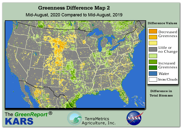Color-coded U.S. vegetation greeness index map for Period 33 of 2020, illustrating spatial variations in plant vigor, with greener tones indicating higher biomass and browner tones indicating stressed vegetation,
              comparing current crop/vegetation change in biomass to same period from the previous year.