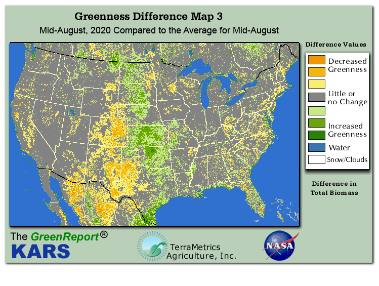 Color-coded U.S. vegetation greeness index map for Period 33 of 2020, illustrating spatial variations in plant vigor, with greener tones indicating higher biomass and browner tones indicating stressed vegetation,
              comparing current crop/vegetation change in biomass to the 20-year greenness average.