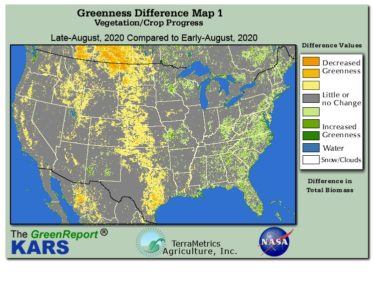 Color-coded U.S. vegetation greeness index map for Period 35 of 2020, illustrating spatial variations in plant vigor, with greener tones indicating higher biomass and browner tones indicating stressed vegetation,
              comparing current crop/vegetation change in biomass to the previous week within the same year.