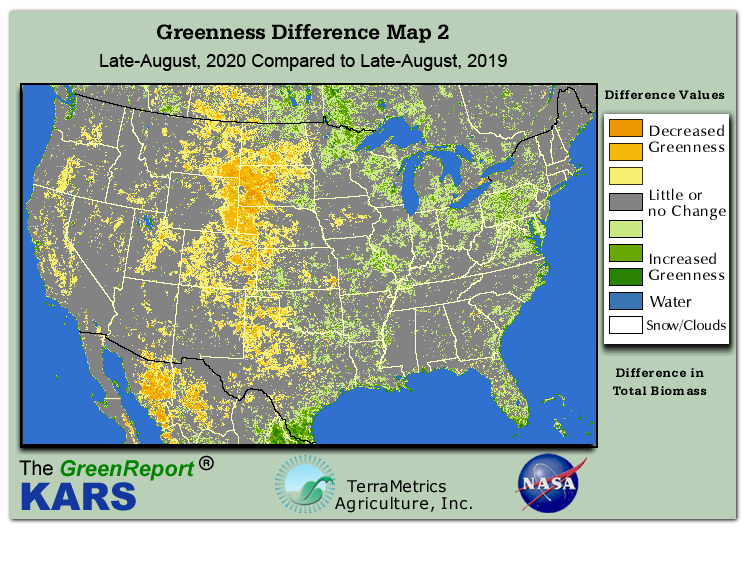 Color-coded U.S. vegetation greeness index map for Period 35 of 2020, illustrating spatial variations in plant vigor, with greener tones indicating higher biomass and browner tones indicating stressed vegetation,
              comparing current crop/vegetation change in biomass to same period from the previous year.