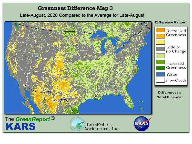 Color-coded U.S. vegetation greeness index map for Period 35 of 2020, illustrating spatial variations in plant vigor, with greener tones indicating higher biomass and browner tones indicating stressed vegetation,
              comparing current crop/vegetation change in biomass to the 20-year greenness average.