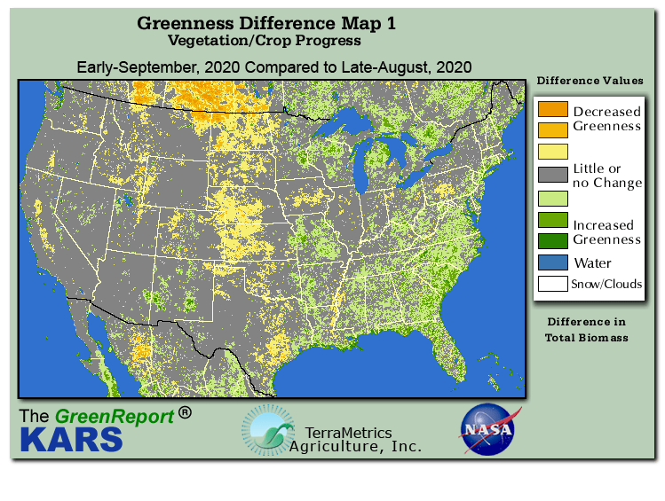 Color-coded U.S. vegetation greeness index map for Period 36 of 2020, illustrating spatial variations in plant vigor, with greener tones indicating higher biomass and browner tones indicating stressed vegetation,
              comparing current crop/vegetation change in biomass to the previous week within the same year.