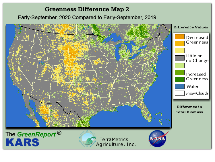 Color-coded U.S. vegetation greeness index map for Period 36 of 2020, illustrating spatial variations in plant vigor, with greener tones indicating higher biomass and browner tones indicating stressed vegetation,
              comparing current crop/vegetation change in biomass to same period from the previous year.