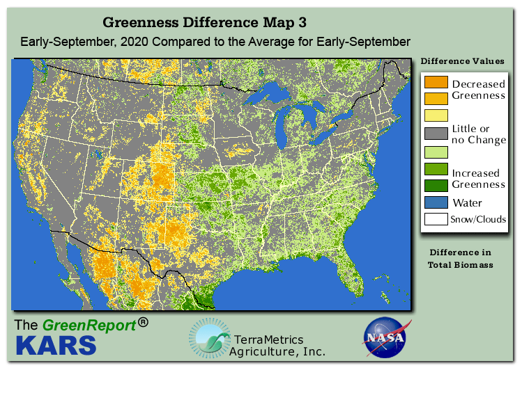 Color-coded U.S. vegetation greeness index map for Period 36 of 2020, illustrating spatial variations in plant vigor, with greener tones indicating higher biomass and browner tones indicating stressed vegetation,
              comparing current crop/vegetation change in biomass to the 20-year greenness average.