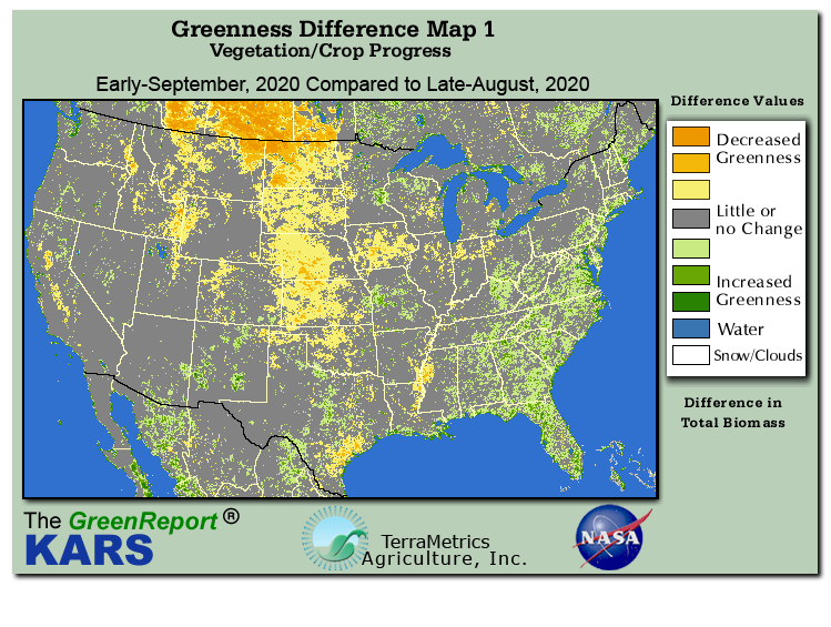 Color-coded U.S. vegetation greeness index map for Period 37 of 2020, illustrating spatial variations in plant vigor, with greener tones indicating higher biomass and browner tones indicating stressed vegetation,
              comparing current crop/vegetation change in biomass to the previous week within the same year.