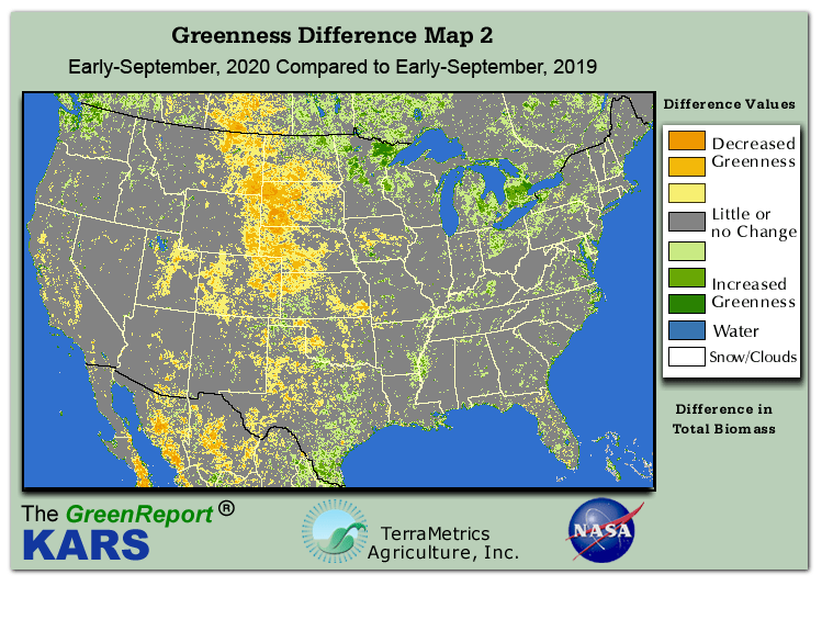 Color-coded U.S. vegetation greeness index map for Period 37 of 2020, illustrating spatial variations in plant vigor, with greener tones indicating higher biomass and browner tones indicating stressed vegetation,
              comparing current crop/vegetation change in biomass to same period from the previous year.