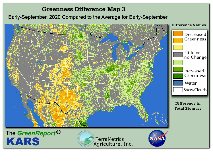 Color-coded U.S. vegetation greeness index map for Period 37 of 2020, illustrating spatial variations in plant vigor, with greener tones indicating higher biomass and browner tones indicating stressed vegetation,
              comparing current crop/vegetation change in biomass to the 20-year greenness average.