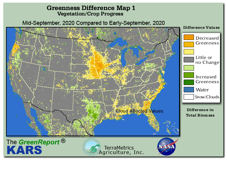 Color-coded U.S. vegetation greeness index map for Period 38 of 2020, illustrating spatial variations in plant vigor, with greener tones indicating higher biomass and browner tones indicating stressed vegetation,
              comparing current crop/vegetation change in biomass to the previous week within the same year.