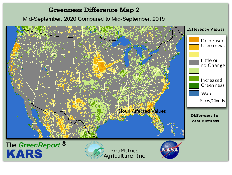 Color-coded U.S. vegetation greeness index map for Period 38 of 2020, illustrating spatial variations in plant vigor, with greener tones indicating higher biomass and browner tones indicating stressed vegetation,
              comparing current crop/vegetation change in biomass to same period from the previous year.