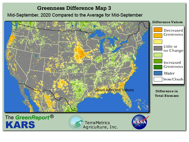 Color-coded U.S. vegetation greeness index map for Period 38 of 2020, illustrating spatial variations in plant vigor, with greener tones indicating higher biomass and browner tones indicating stressed vegetation,
              comparing current crop/vegetation change in biomass to the 20-year greenness average.