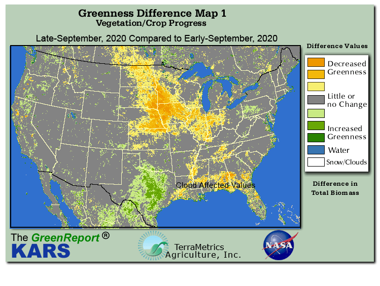 Color-coded U.S. vegetation greeness index map for Period 39 of 2020, illustrating spatial variations in plant vigor, with greener tones indicating higher biomass and browner tones indicating stressed vegetation,
              comparing current crop/vegetation change in biomass to the previous week within the same year.